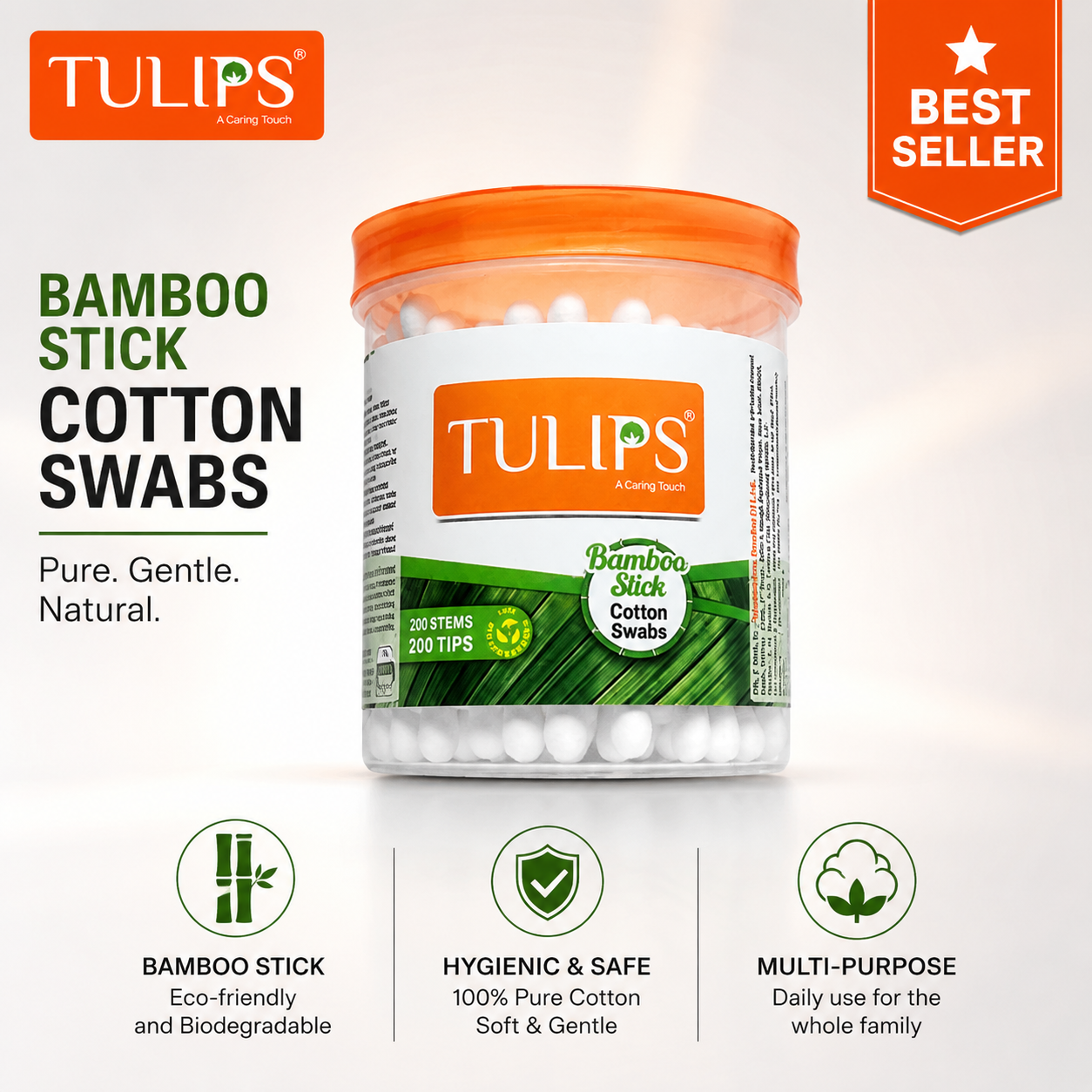 Tulips Bamboo Stick Cotton Swabs | 100% Pure Cotton Ear Buds with Eco-Friendly Bamboo Sticks | Soft, Hygienic Cotton Swabs for Baby Care, Makeup, Beauty, First Aid & Daily Personal Hygiene