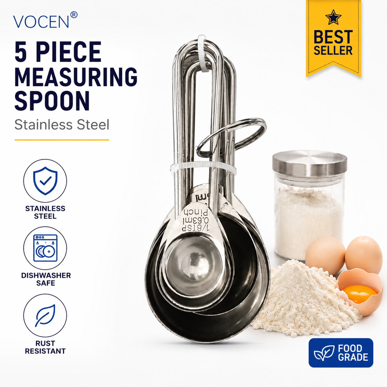 VOCEN 5-Piece Stainless Steel Measuring Spoon Set | Food Grade Measuring Spoons for Baking, Cooking & Kitchen | Dishwasher Safe