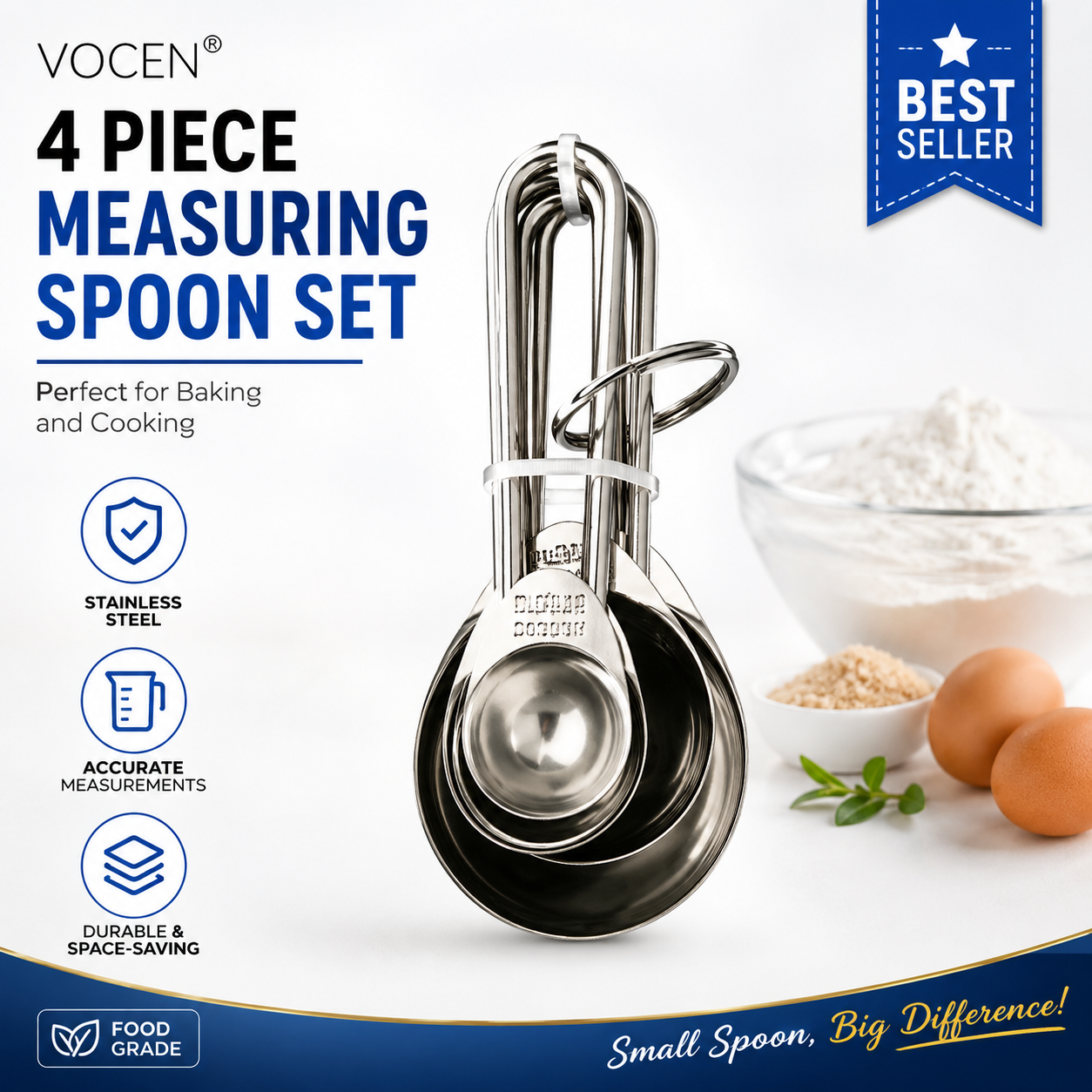 VOCEN 4-Piece Stainless Steel Measuring Spoon Set | Food Grade Kitchen Measuring Spoons for Baking, Cooking, Coffee, Tea & Spices | Dishwasher Safe | Rust Resistant