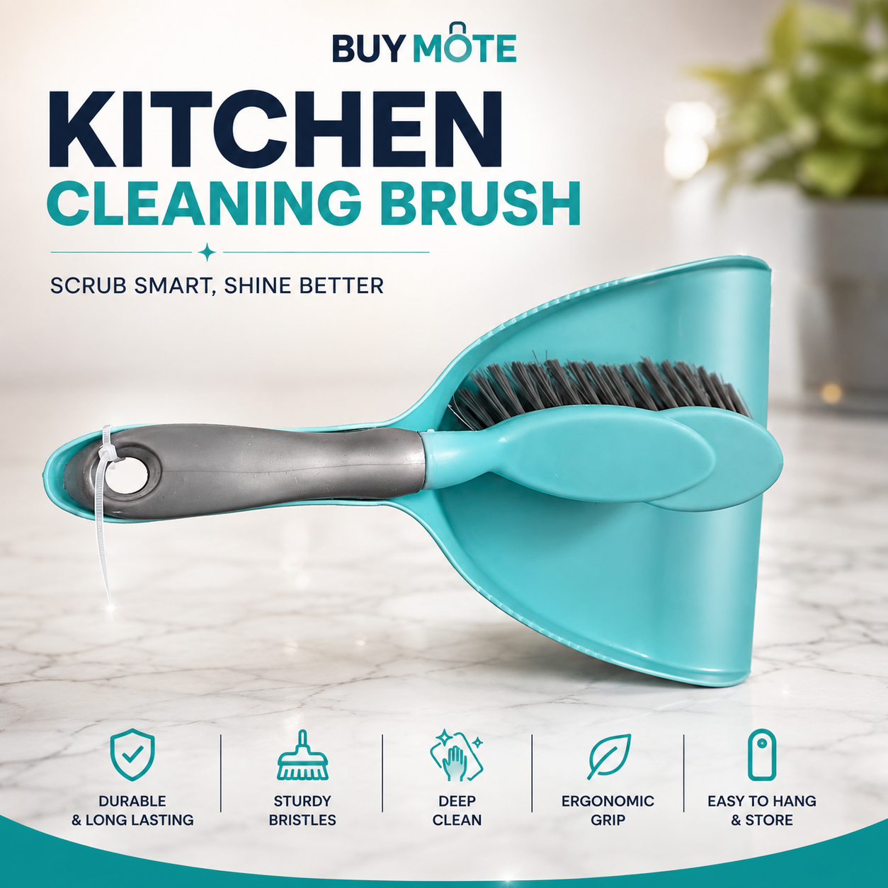 Kitchen Cleaning Brush & Dustpan Set | Heavy Duty Hand Brush with Ergonomic Grip | Multipurpose Cleaning Brush for Kitchen, Countertops, Tables, Crumbs, Dust & Household Cleaning