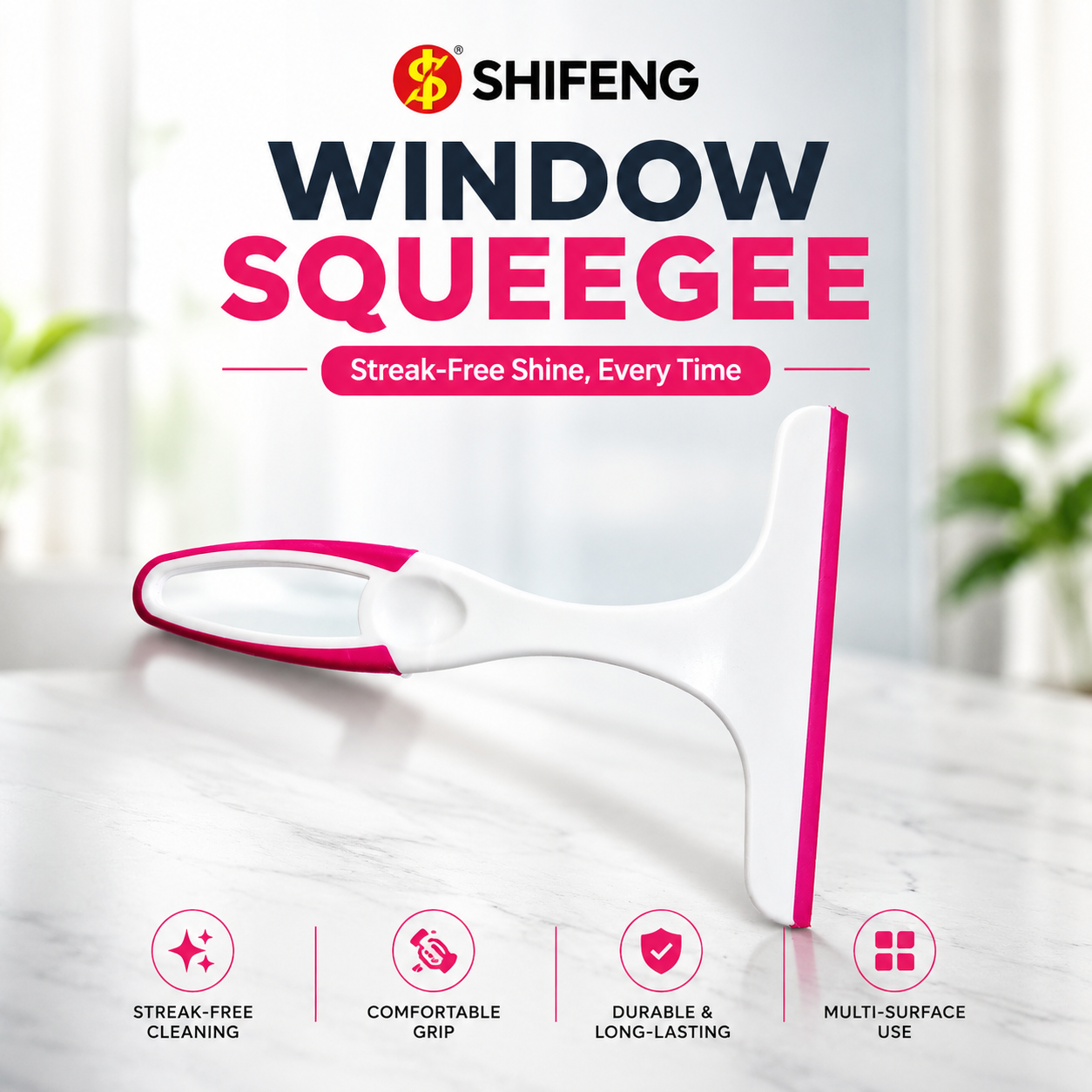 SHIFENG Window Squeegee | Premium Streak-Free Glass Cleaner | Ergonomic Handle for Windows, Mirrors, Shower Glass & Car Windshields Small