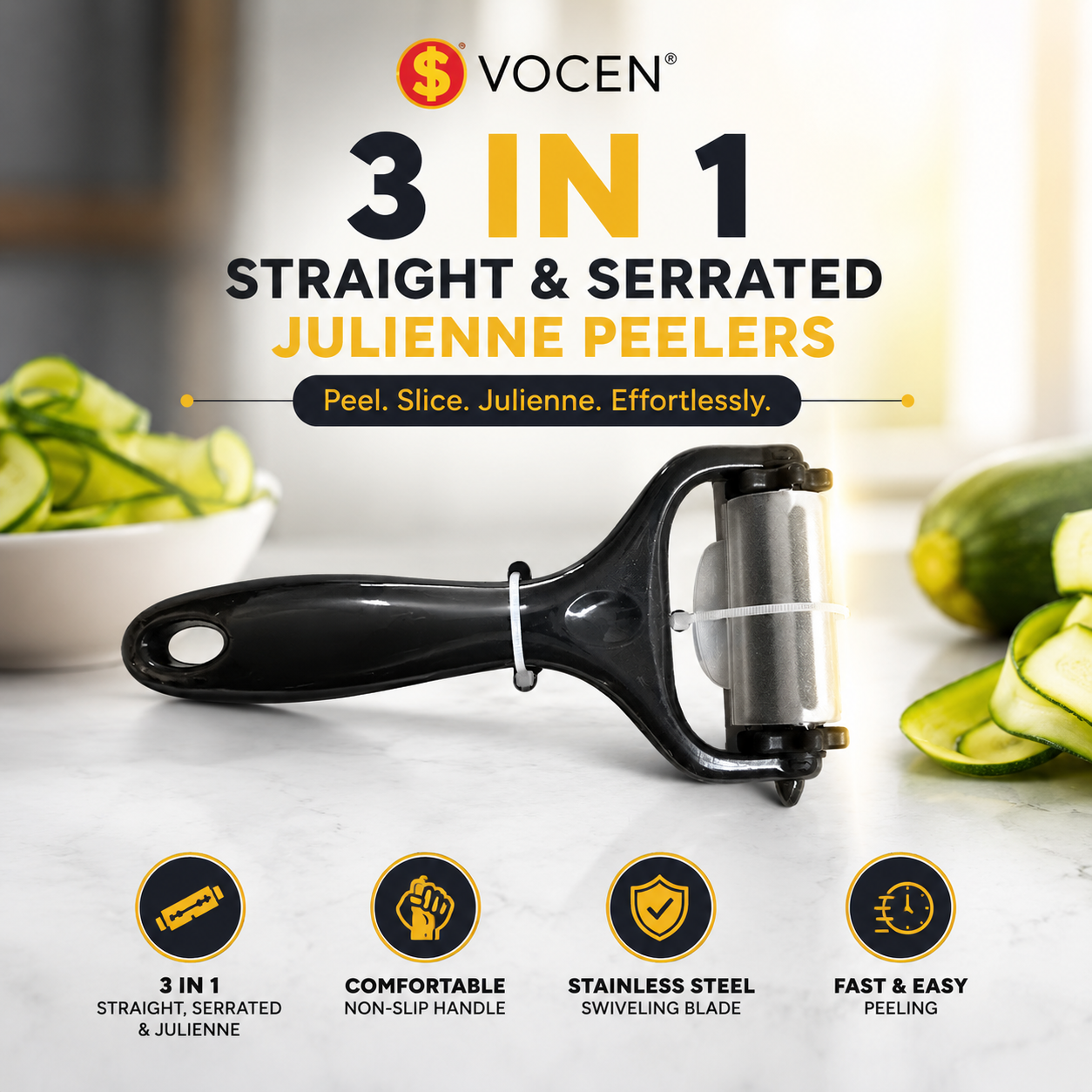 VOCEN 3-in-1 Kitchen Peeler | Stainless Steel Straight, Serrated & Julienne Vegetable Peeler | Ergonomic Handle for Fruits & Vegetables