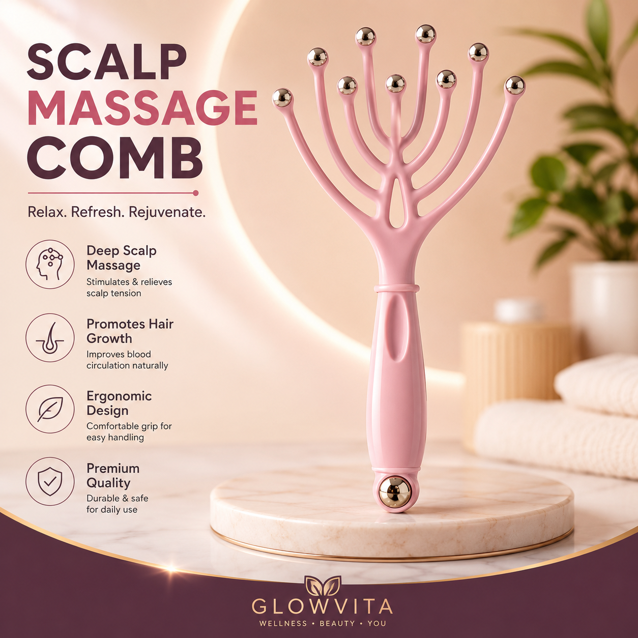 Premium Scalp Massage Comb | 10 Ball Head Scalp Massager | Relaxing Head Massage Brush for Hair Growth & Stress Relief | Ergonomic Handheld Scalp Stimulator for Women & Men