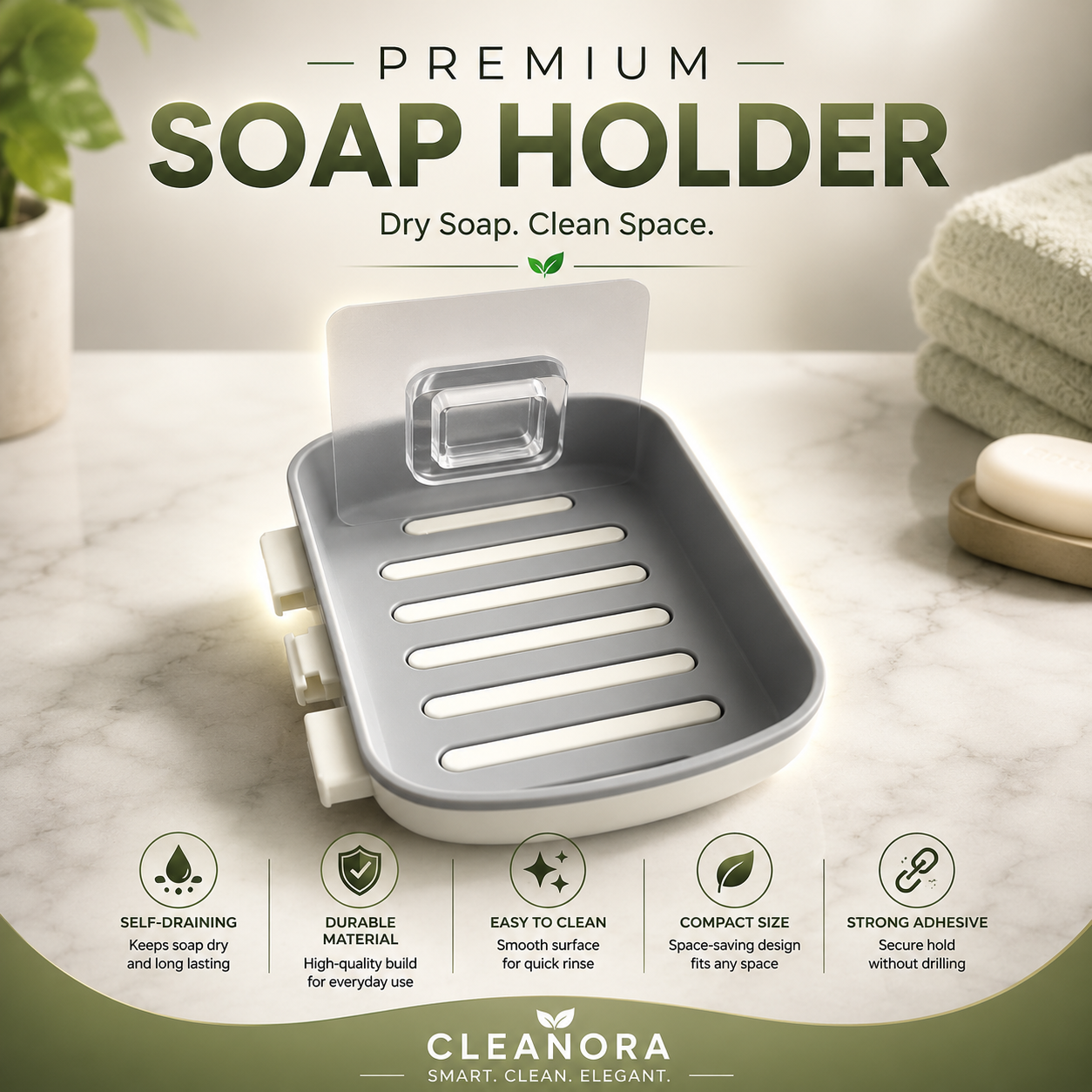 Premium Self-Draining Wall Mount Soap Holder | No-Drill Adhesive Soap Dish with Drain Tray | Bathroom & Kitchen Soap Saver | Durable Easy-Clean Soap Storage Rack
