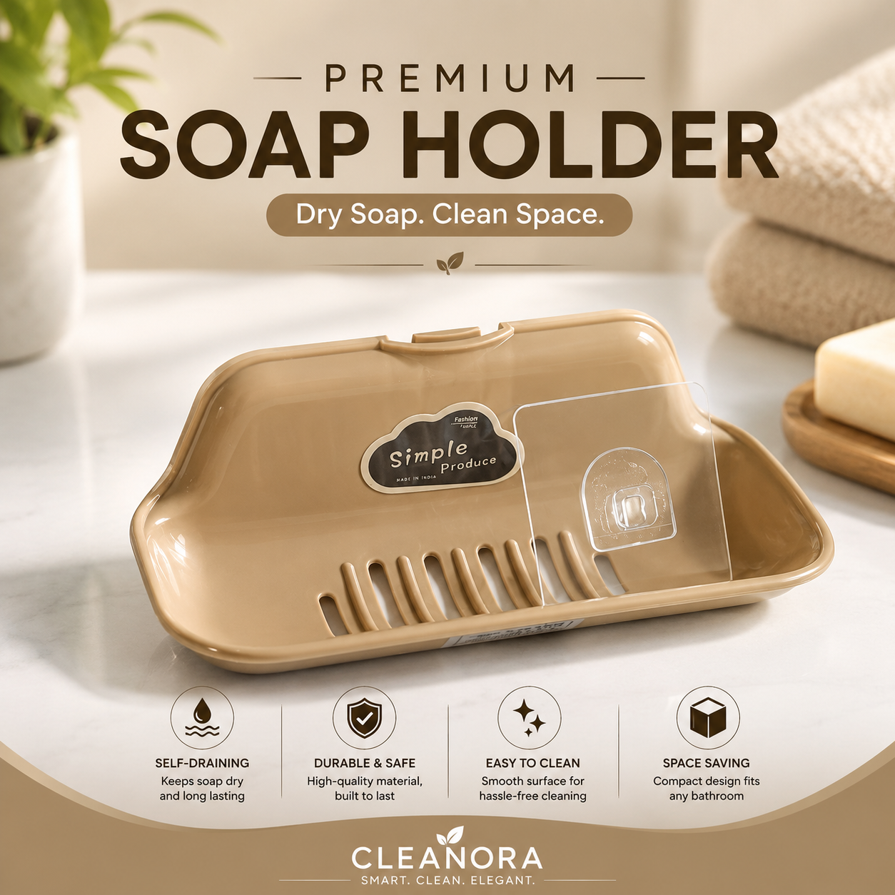 Premium Self-Draining Wall Mount Soap Holder | No-Drill Adhesive Soap Dish with Drain Slots | Bathroom & Kitchen Soap Saver | Durable Easy-Clean Plastic Soap Tray
