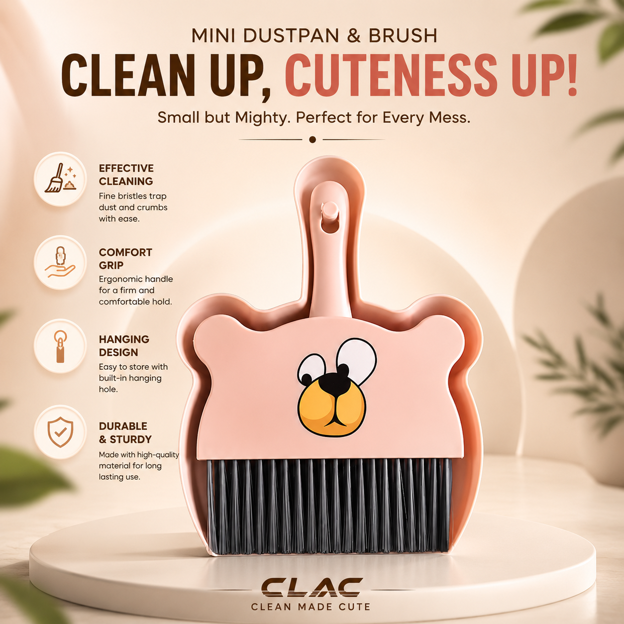 Premium Mini Dustpan & Brush Set | Cute Bear Desktop Cleaning Brush with Dustpan | Portable Handheld Crumb Cleaner for Table, Keyboard, Desk, Kitchen & Home
