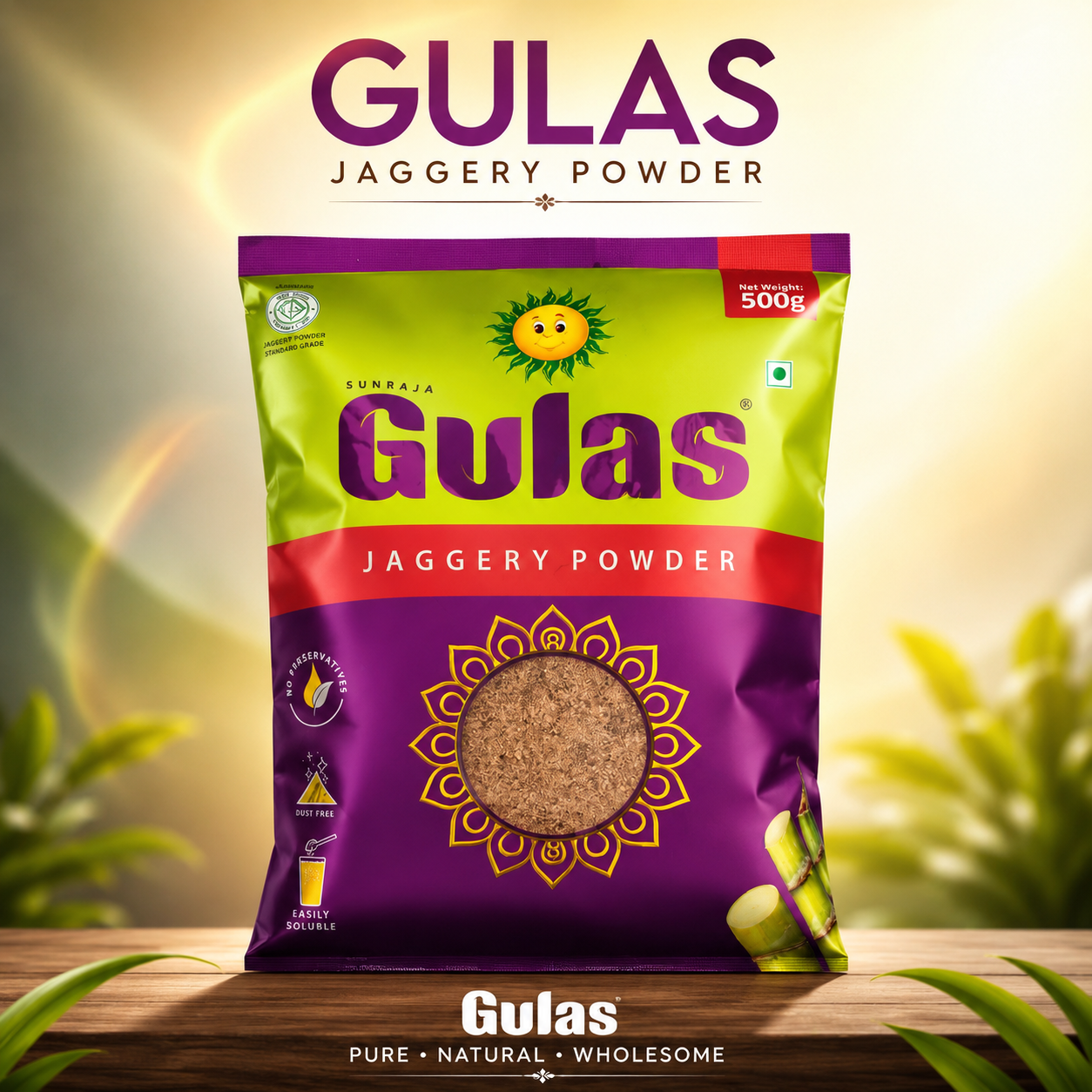Gulas Jaggery Powder, Jaggery Powder 500g, Natural Jaggery, Sugarcane Jaggery Powder, and No Artificial Additives.