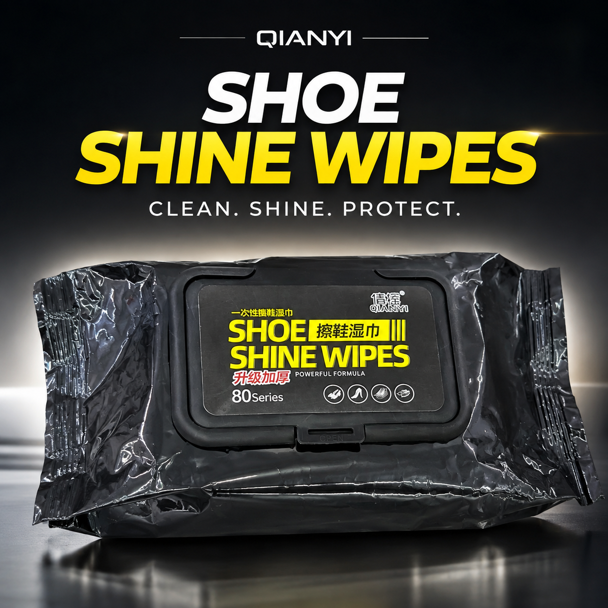 QIANYI Shoe Shine Wipes – 80 Count | Instant Cleaning & Polishing Wipes for Leather Shoes, Sneakers, Bags & Car Interiors – No-Residue, Travel-Friendly Shoe Care Wipes. (Colors & Design May Vary)