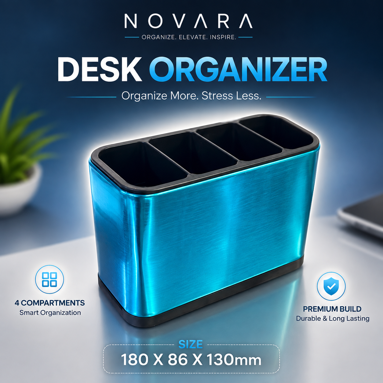 NOVARA 4-Compartment Desk Organizer | Premium Pen & Pencil Holder - Durable Desktop Storage for Markers, Cutlery, Makeup Brushes, Office, Home & Study Desk. (Colors & Design May Vary)