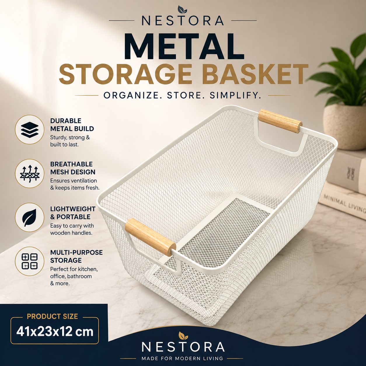 Softique Metal Mesh Storage Basket with Wooden Handles | Large Multi-Purpose Organizer Bin for Pantry, Kitchen, Bathroom, Laundry, Office & Toys. (Colors & Design May Vary)