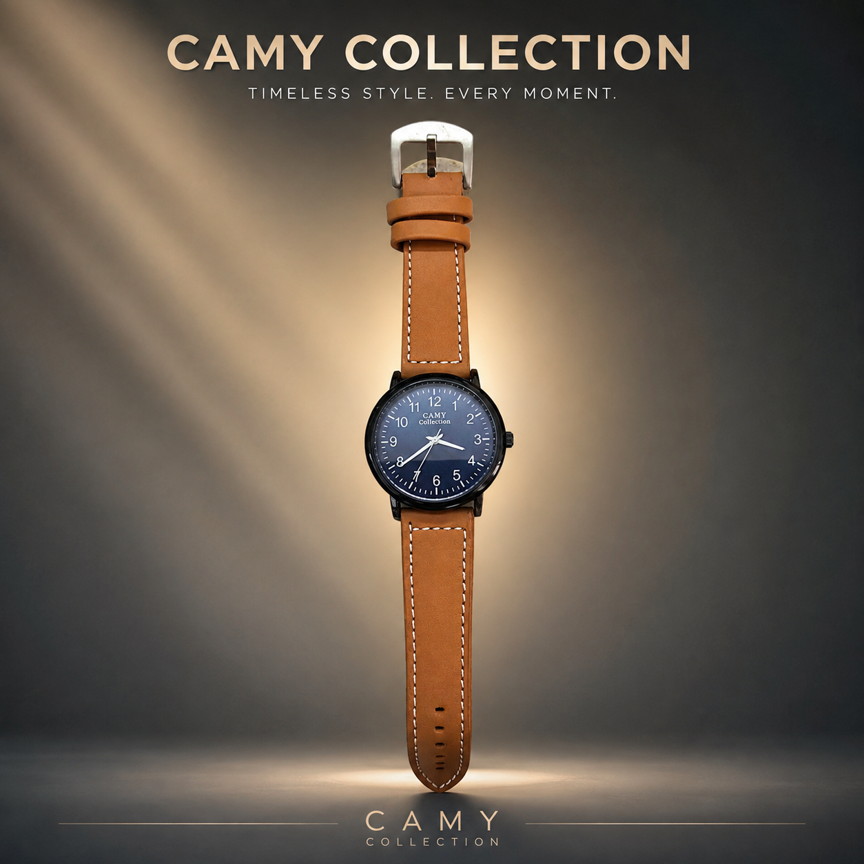 CAMY Men’s Analog Quartz Watch with Genuine Leather Strap | Classic Blue Dial, Stainless Steel Case Back & Adjustable Buckle | Premium Casual & Formal Wrist Watch for Men. (Colors & Design May Vary)