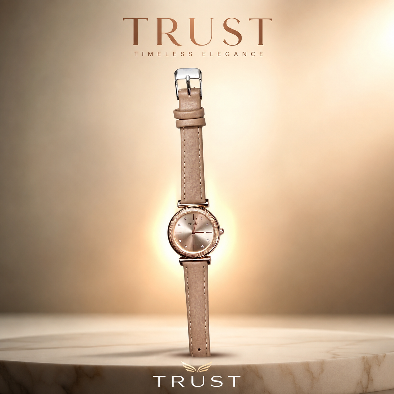 TRUST Women’s Analog Quartz Watch with Genuine Leather Strap | Elegant Champagne Dial, Rose Gold-Tone Case & Crystal Hour Markers | Premium Casual & Formal Wrist Watch for Women. (Colors & Design May Vary)