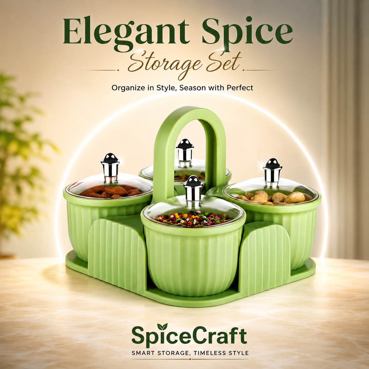4 pcs SpiceCraft Multi-Compartment Spice Box with Airtight Lids & Carry Handle | Food-Grade Masala Dabba Organizer for Spices, Dry Fruits, Nuts & Condiments | Kitchen Storage Container Set. (Colors & Design May Vary)