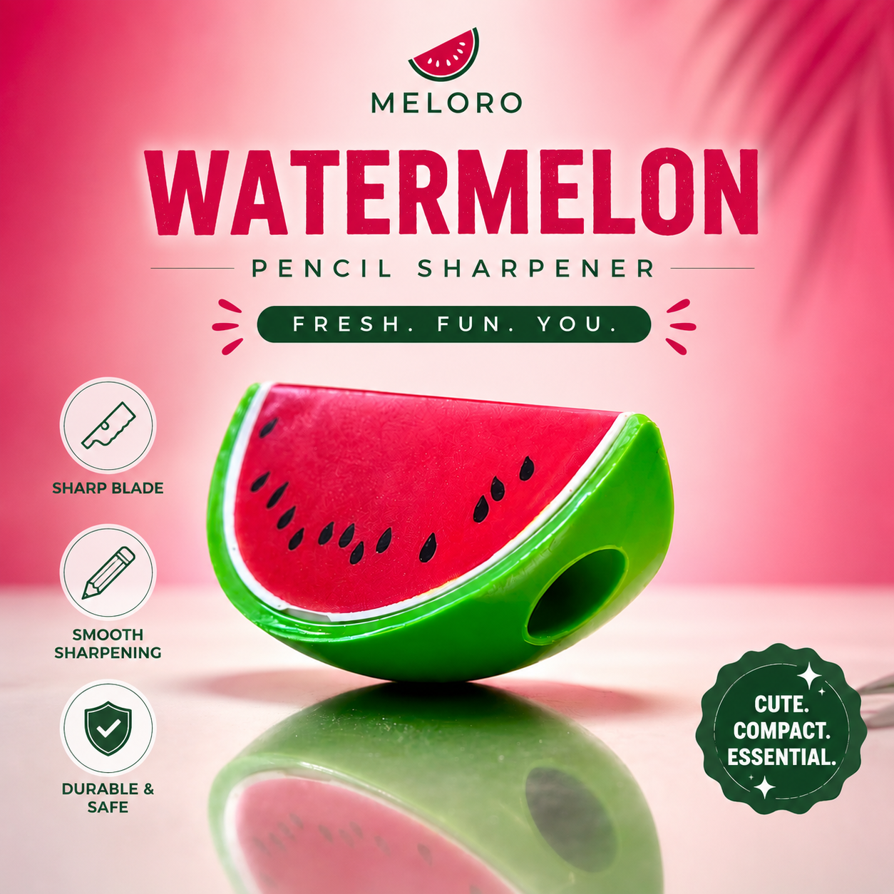 Meloro Watermelon Pencil Sharpener for Kids – Cute Compact Manual Sharpener with Stainless Steel Blade, Smooth Sharpening, Portable Design for School, Office & Art Supplies. (Colors & Design May Vary)
