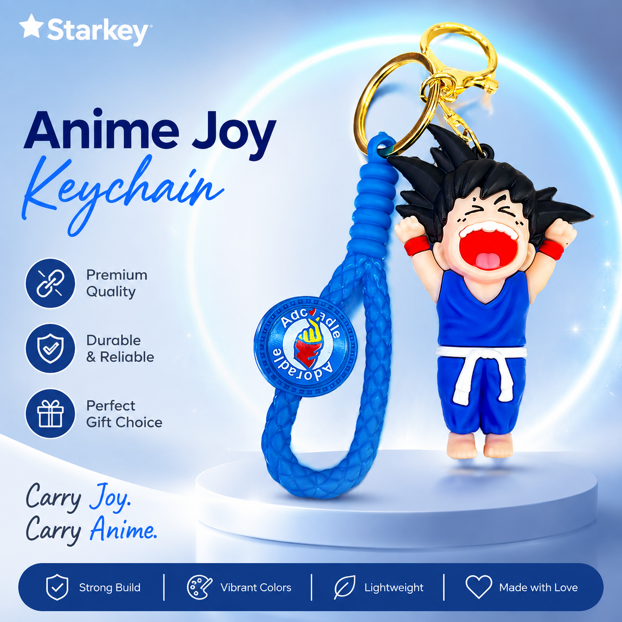 Starkey Anime-Inspired Character Keychain – Cute Cartoon Key Ring with Braided Strap & Metal Clasp for Car Keys, Backpack, Handbag, Purse & Gifts – Blue. (Colors & Design May Vary)