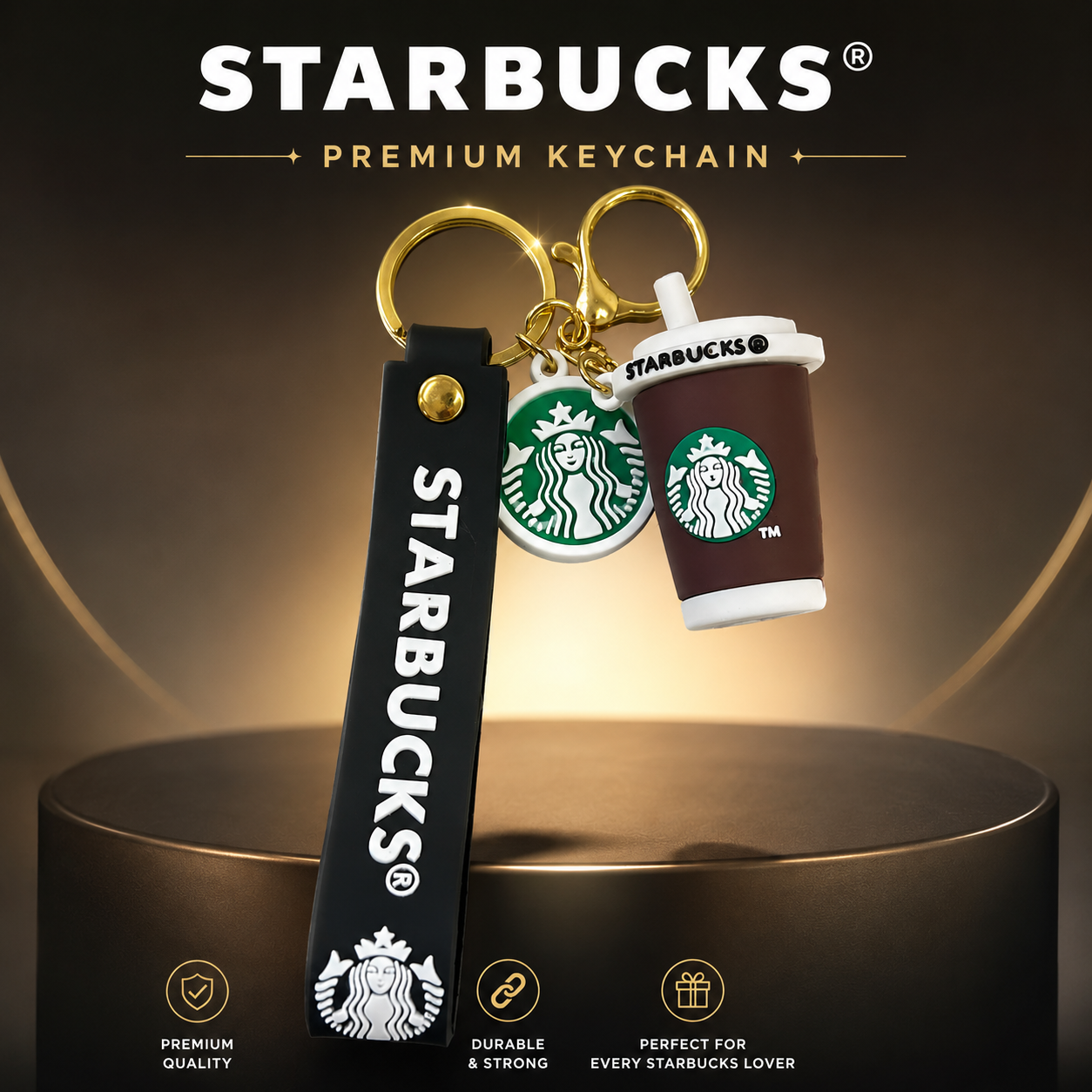 Starbucks Coffee Cup Keychain – Cute 3D Coffee Lover Key Ring with Wrist Strap & Metal Clasp for Car Keys, Backpack, Handbag & Everyday Use – Green, Brown & Black. (Colors & Design May Vary)