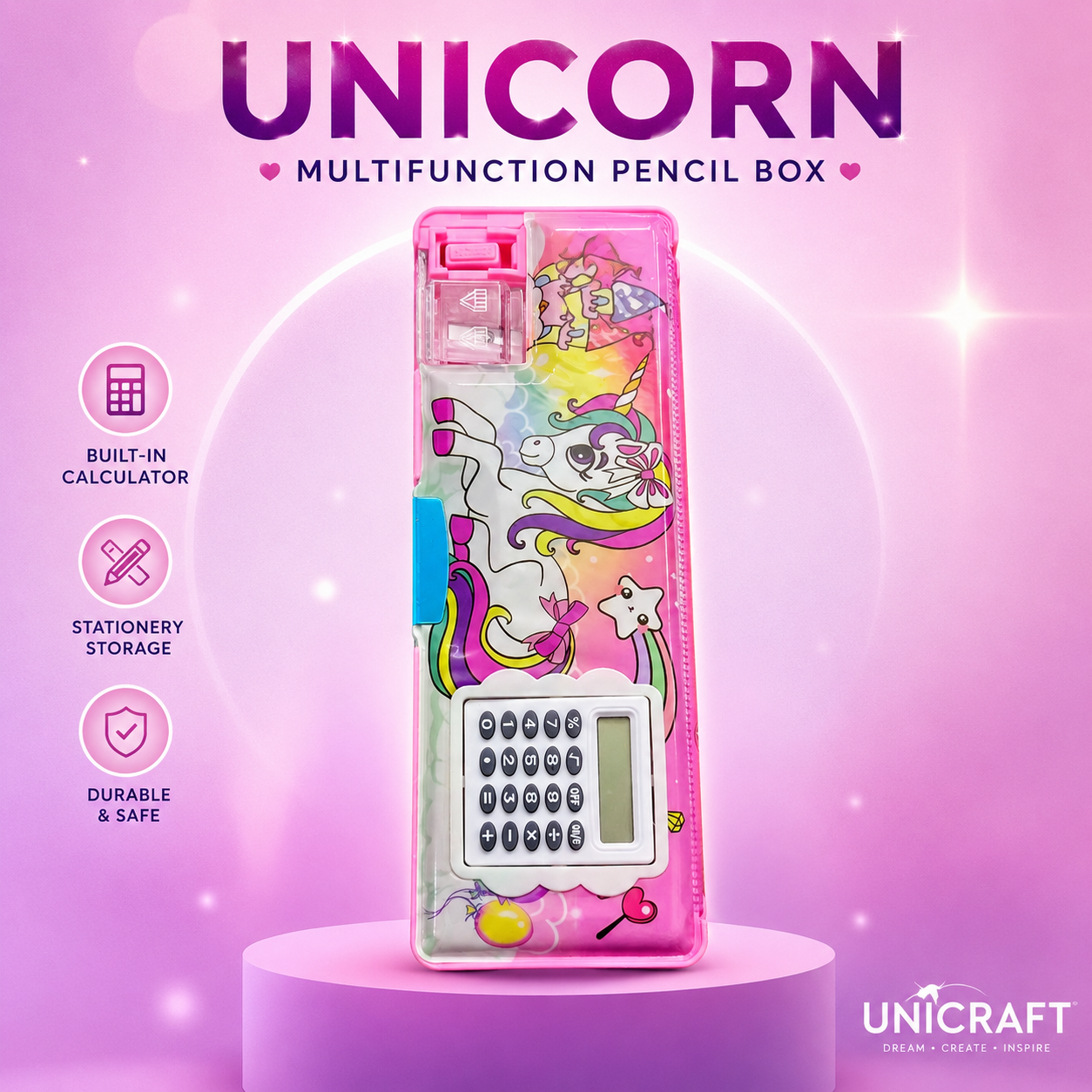 Unicraft Unicorn Multifunction Pencil Box for Kids – Pencil Case with Built-in Calculator, Sharpener, Secure Lock & Spacious Storage for Girls, School & Stationery – Pink. (Colors & Design May Vary)