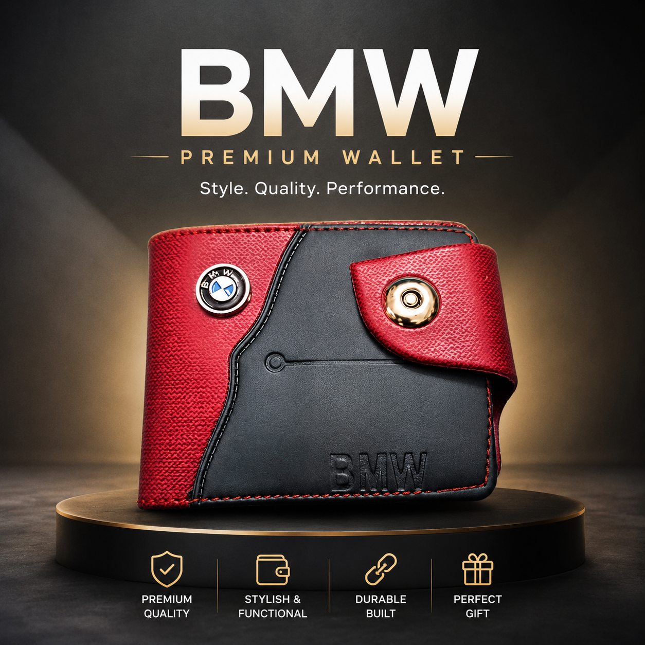 BMW Style Premium PU Leather Wallet for Men – Slim Bifold Wallet with Multiple Card Slots, Cash Pocket & Secure Snap Button Closure – Red & Black. (Colors & Design May Vary)