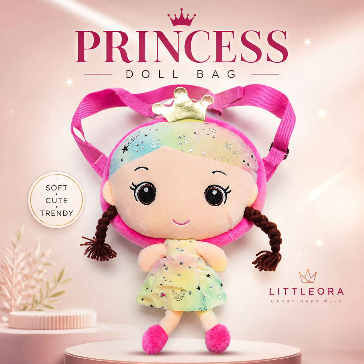 Littleora Princess Doll Bag for Girls – Cute Soft Plush Crossbody Bag with Adjustable Shoulder Strap, Lightweight Kids Purse & Toy Bag for Travel, Playtime & Gifting – Pink. (Colors & Design May Vary)