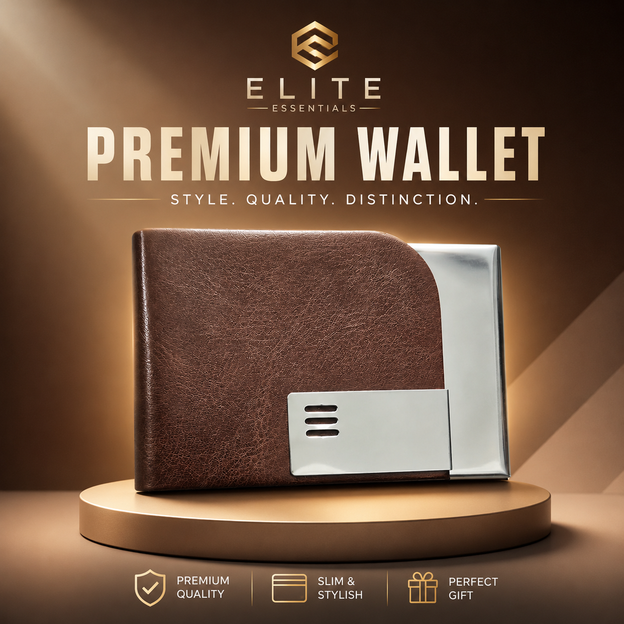 Elite Essentials Slim PU Leather Wallet for Men – Premium Compact Card Holder with Stainless Steel Finish, Lightweight Pocket Wallet for Business, Travel & Daily Use – Brown. (Colors & Design May Vary)