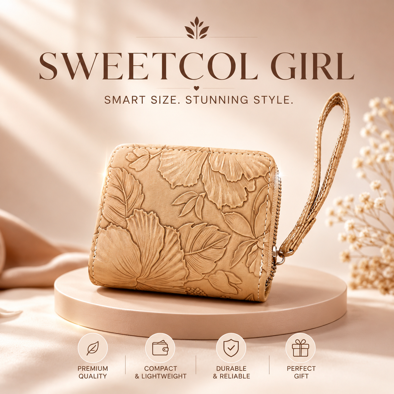 Sweetcol Girl Floral Wallet for Women & Girls – Compact PU Leather Zip Wallet with Wrist Strap, Card Slots, Cash & Coin Storage – Lightweight Tan Purse. (Colors & Design May Vary)