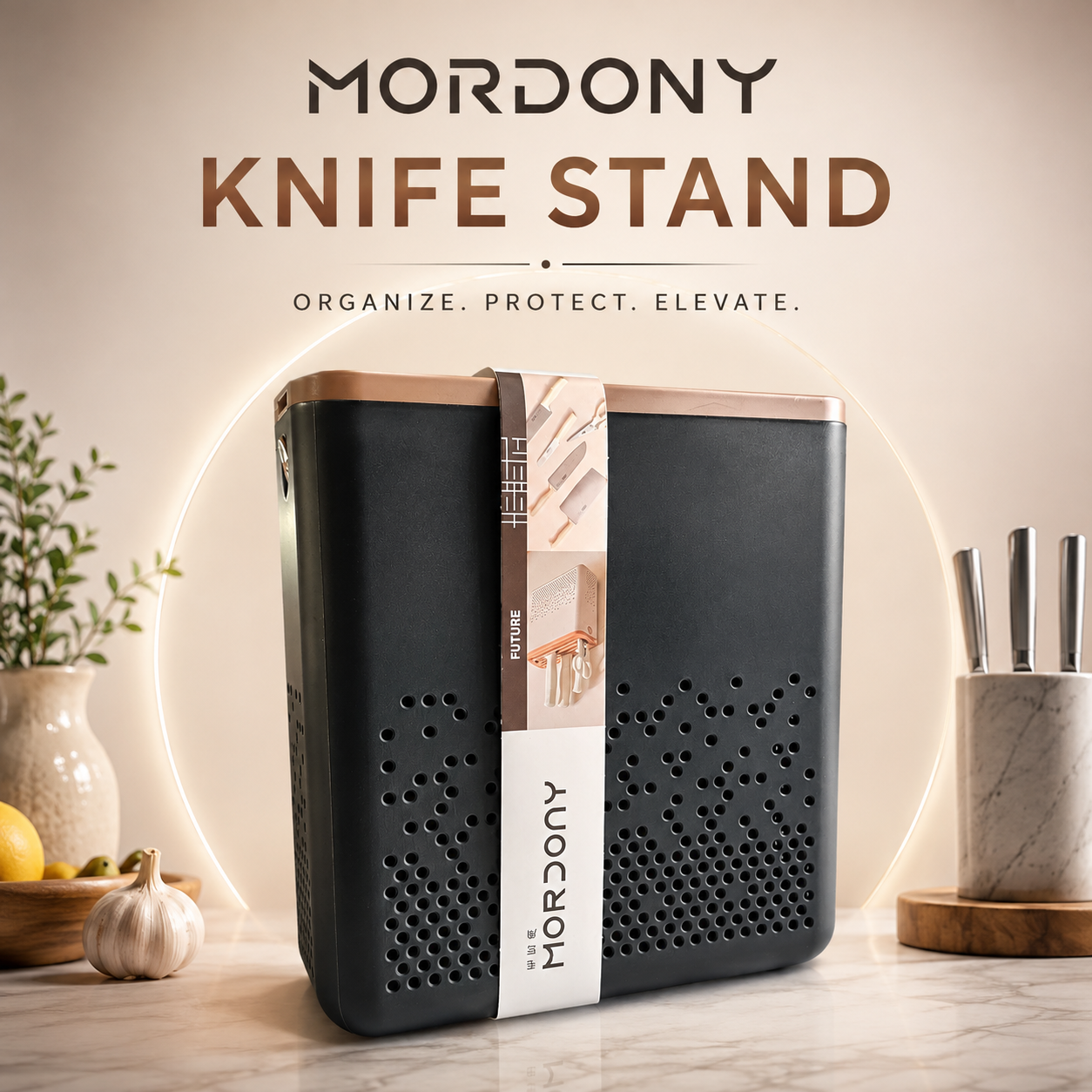 Mordony Universal Knife Stand for Kitchen – Ventilated Knife Holder & Storage Organizer, Space-Saving, Easy to Clean, Durable Countertop Knife Block – Black. (Colors & Design May Vary)