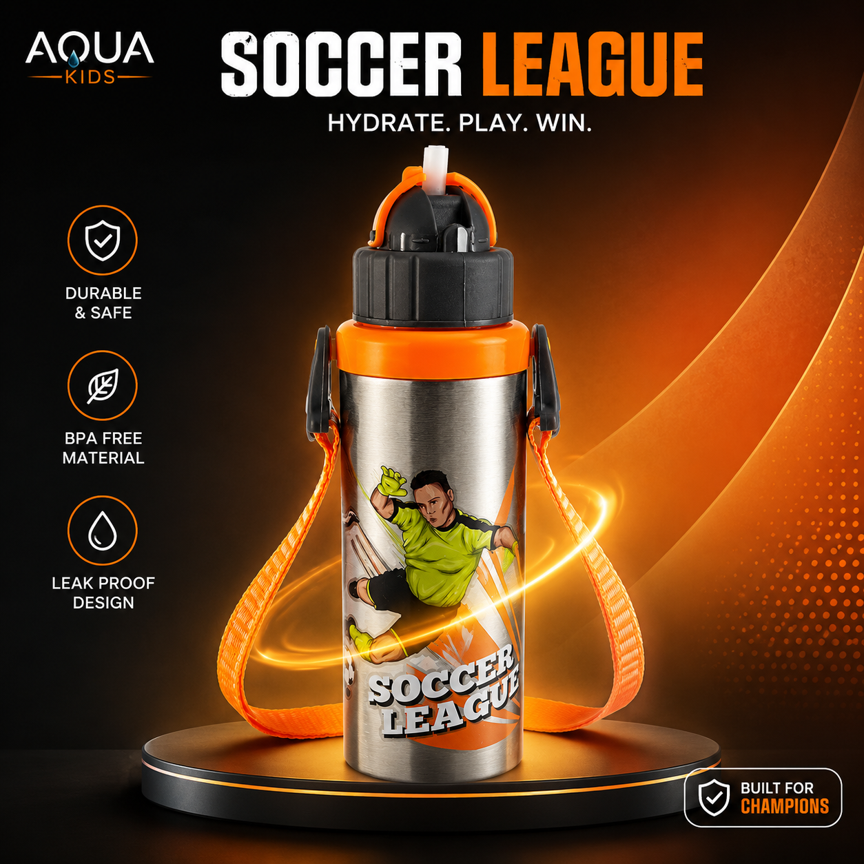 Aqua Kids 800ml Stainless Steel Water Bottle for Kids – BPA-Free Leakproof Sports Sipper Bottle with Shoulder Strap, Hot & Cold Flask for School, Travel & Outdoor – Orange. (Colors & Design May Vary)