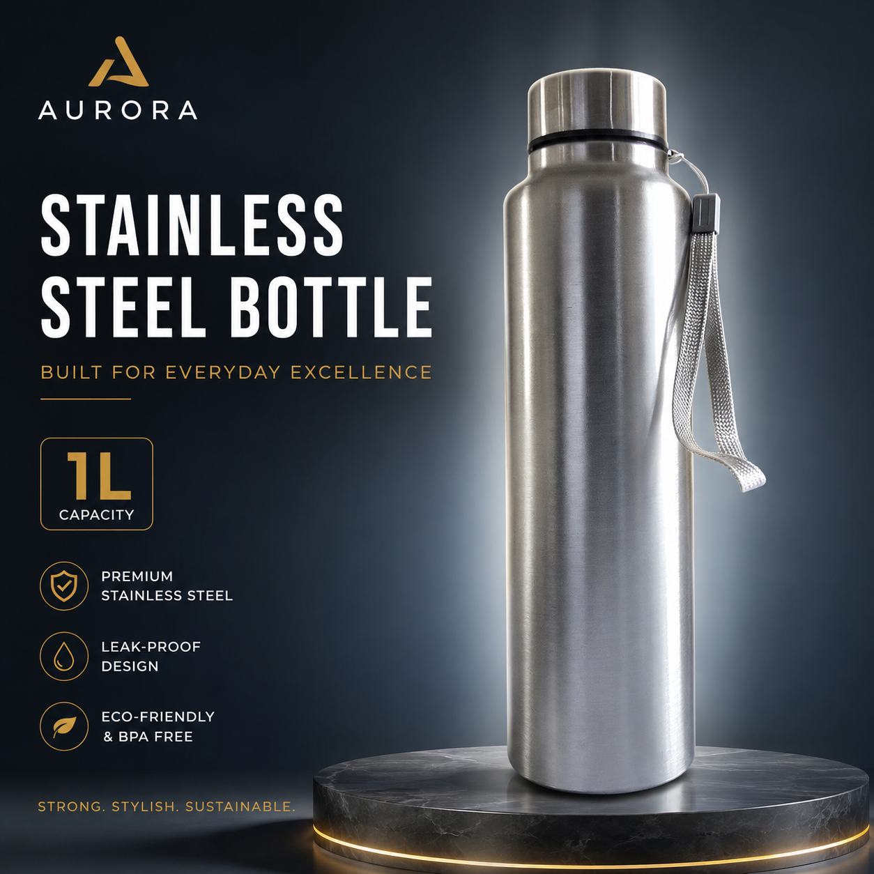 Aurora 1 Litre Stainless Steel Water Bottle – Leakproof BPA-Free ReusableCarry Strap for Gym, Office, Travel & Outdoor – Silver. (Colors & Design May Vary)