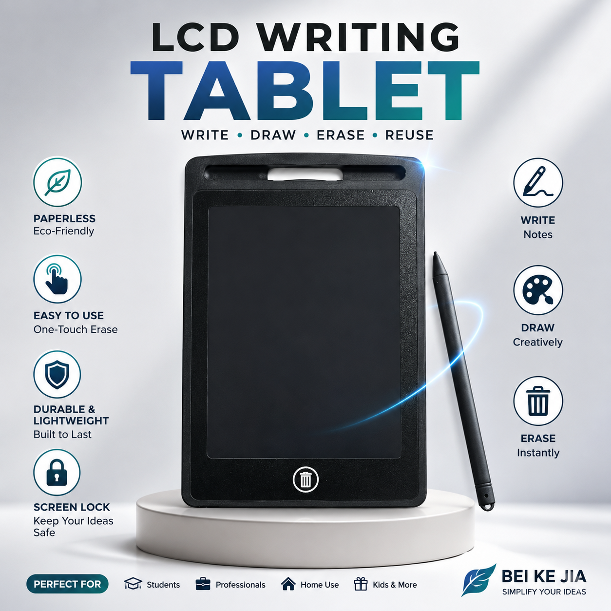 LCD Writing Tablet for Kids & Adults | Reusable Digital Drawing & Writing Pad with Stylus, One-Touch Erase & Screen Lock | Portable Electronic Doodle Board for Study, Notes, Office & Travel. (Colors & Design May Vary)
