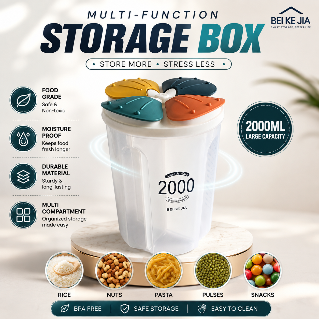 2000ml Multi-Compartment Dry Food Storage Container | 360° Rotating Lid Airtight Organizer | BPA-Free Grain, Pulses, Spices, Nuts, Snacks & Pet Food Storage Box. (Colors & Design May Vary)