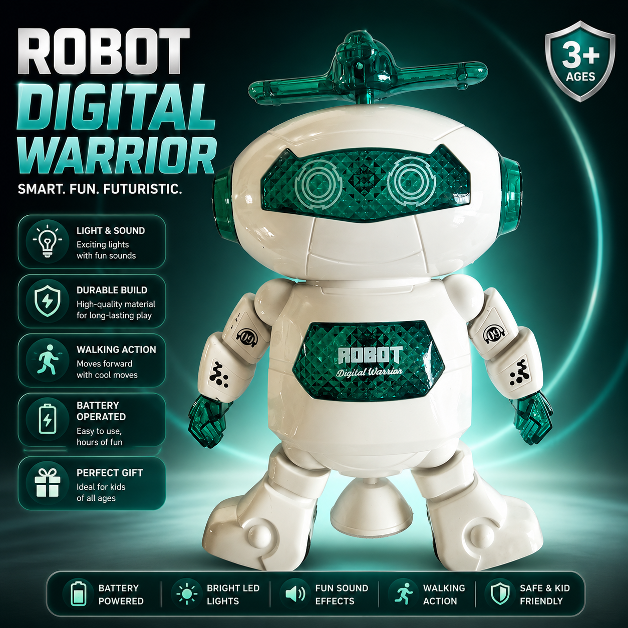 Digital Warrior Dancing Robot Toy for Kids 3+ Years | Battery Operated Musical Robot with LED Lights, Sounds & 360° Spinning Dance Action | Interactive Toy & Birthday Gift for Boys & Girls. (Colors & Design May Vary)