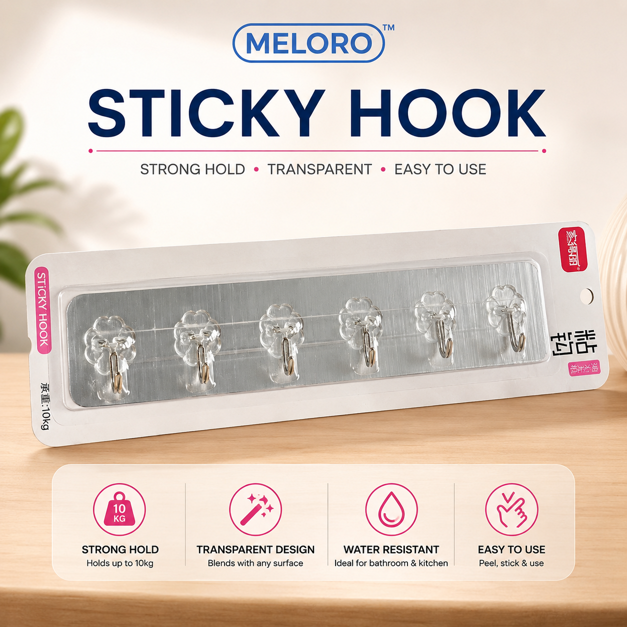 Transparent Self-Adhesive Wall Hooks | Heavy Duty Sticky Hooks Up to 10kg | Waterproof No-Drill Removable Hooks for Kitchen, Bathroom, Office & Home | 6 Hooks. (Colors & Design May Vary)