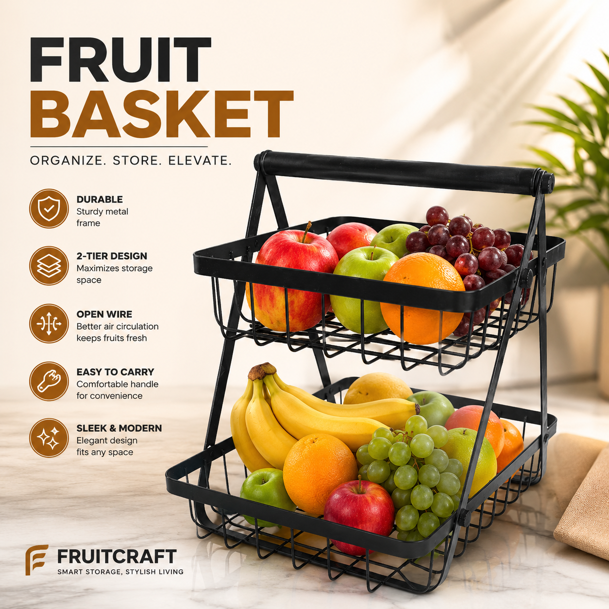 Premium 2-Tier Metal Fruit Basket with Handle | Rust-Resistant Stackable Kitchen Storage Organizer | Large Capacity Wire Basket for Fruits, Vegetables, Snacks & Pantry Countertop – Black. (Colors & Design May Vary)