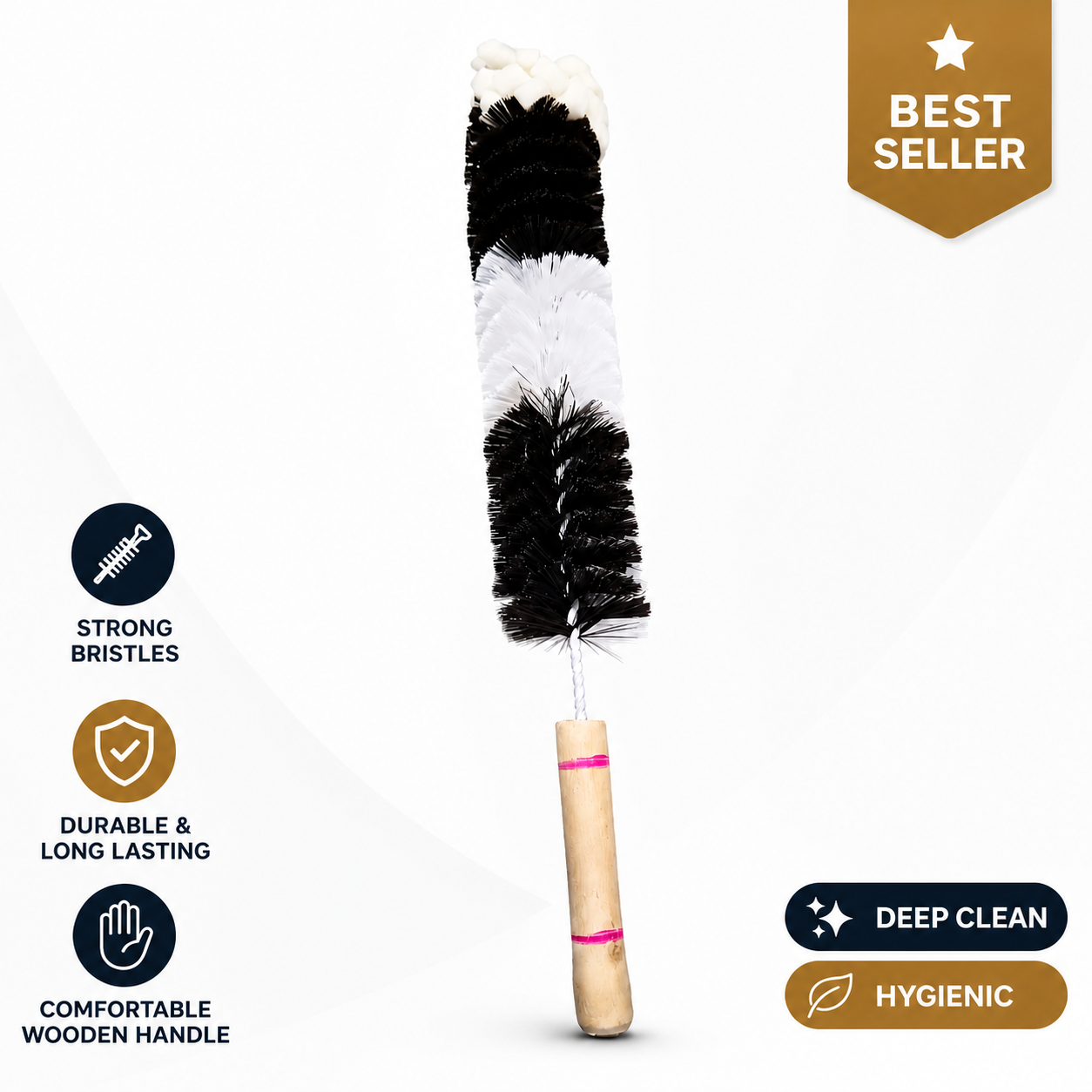 Premium Bottle Cleaning Brush | Long Handle Bottle Cleaner with Strong Bristles & Wooden Grip | Deep Cleaning Brush for Water Bottles, Baby Bottles, Sports Bottles, Flasks & Glassware. (Colors & Design May Vary)