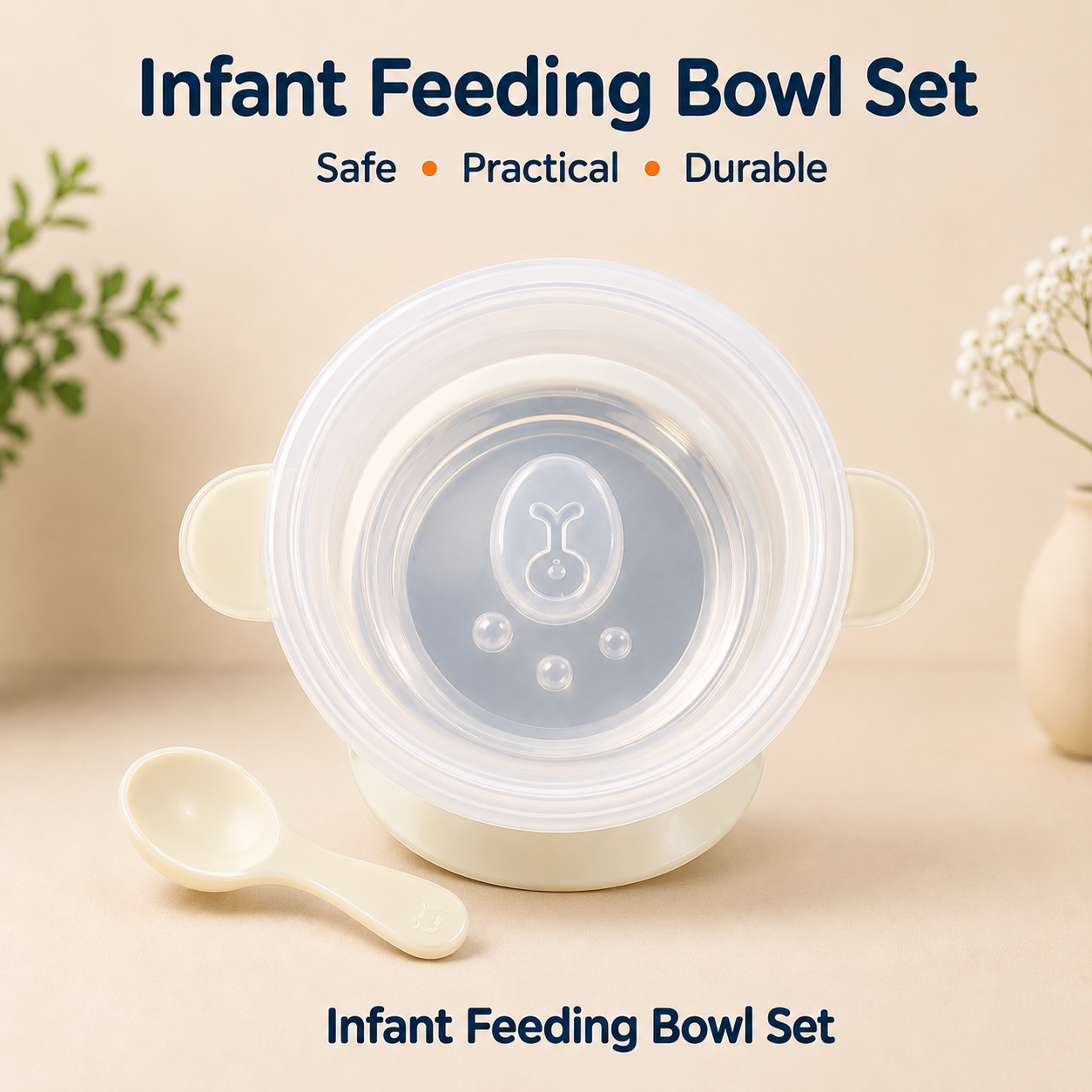Infant Feeding Bowl Set with Suction Base & Secure Lid | Baby Food Bowl with Easy-Grip Handles - Practical Feeding Set for Babies & Toddlers. (Colors & Design May Vary)