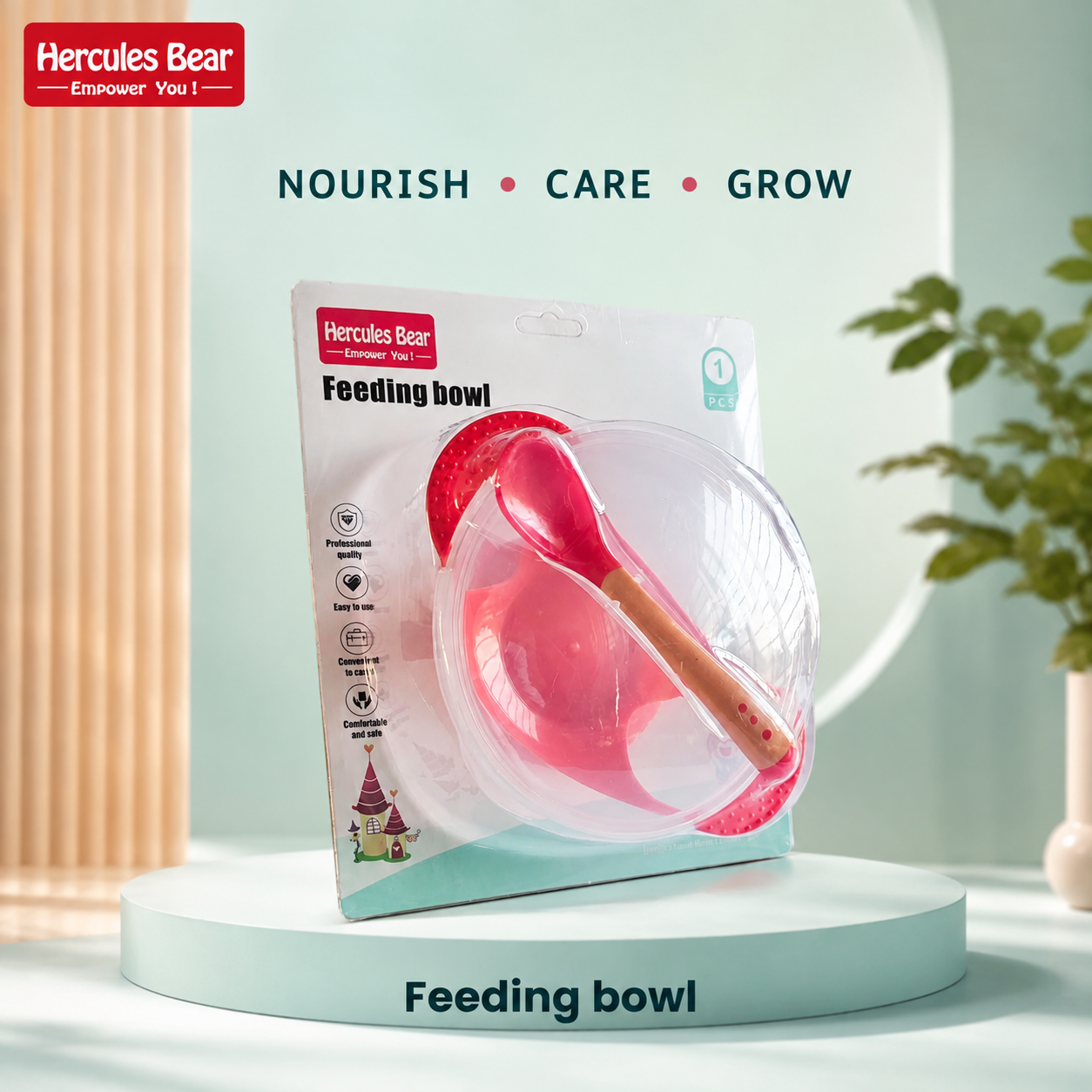 Hercules Bear Baby Feeding Bowl Set with Lid & Soft Spoon | Non-Slip Base, Easy-Grip Handles & Easy-Clean Toddler Feeding Set. (Colors & Design May Vary)
