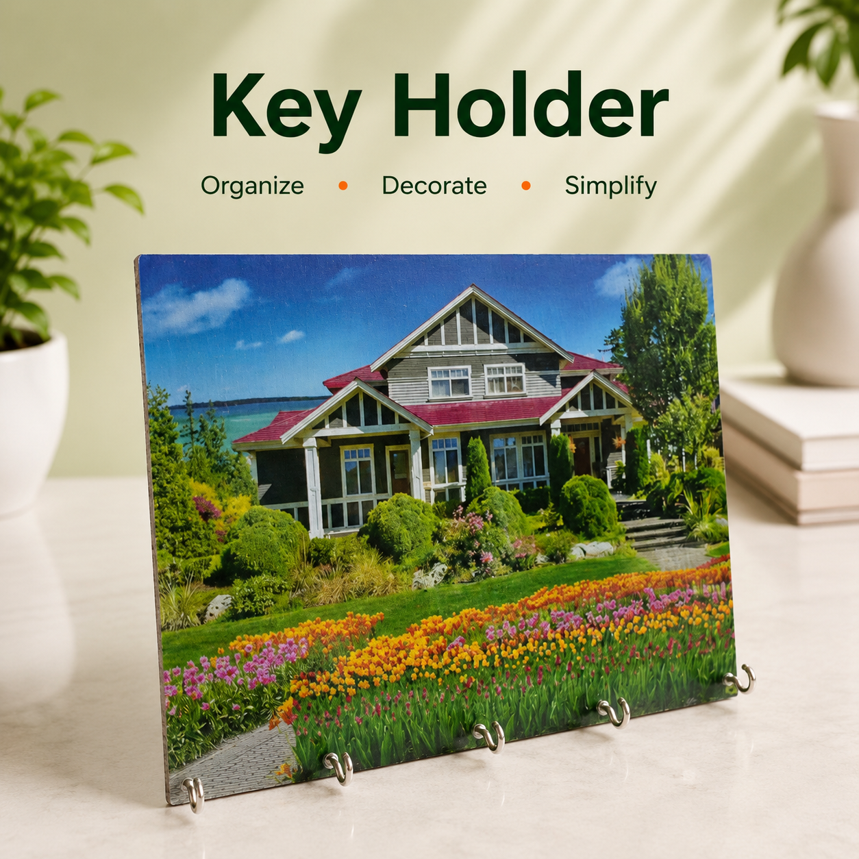 Decorative Wall Key Holder with 5 Metal Hooks | Scenic Printed Key Organizer & Wall-Mounted Key Hanger - Home Entryway Decor & Daily Storage. (Colors & Design May Vary)