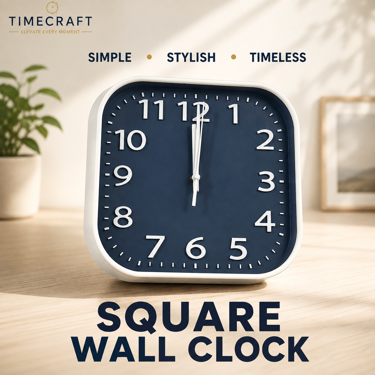 TIMECRAFT Square Wall Clock | Silent Non-Ticking Analog Clock with Large Easy-to-Read Numbers – Modern Decorative Clock for Living Room, Bedroom, Office & Kitchen. (Colors & Design May Vary)