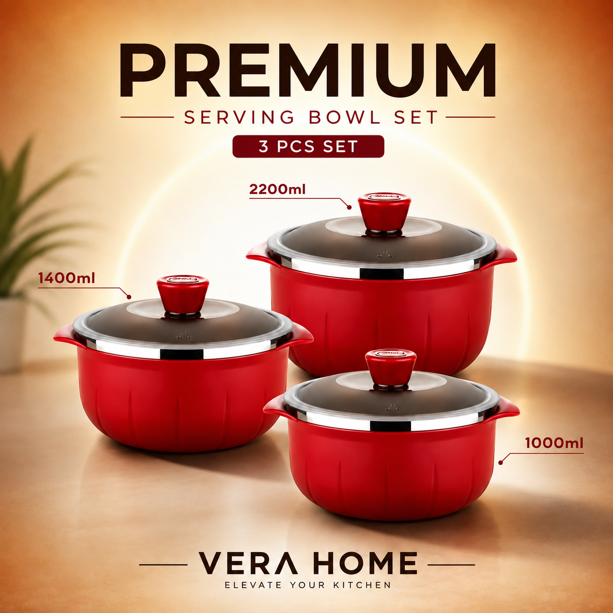 Premium Serving Bowl Set | 3 Pcs Insulated Casserole Bowls with Lids - 1000ml, 1400ml & 2200ml for Rice, Curry, Soup, Pasta & Family Dining. (Colors & Design May Vary)